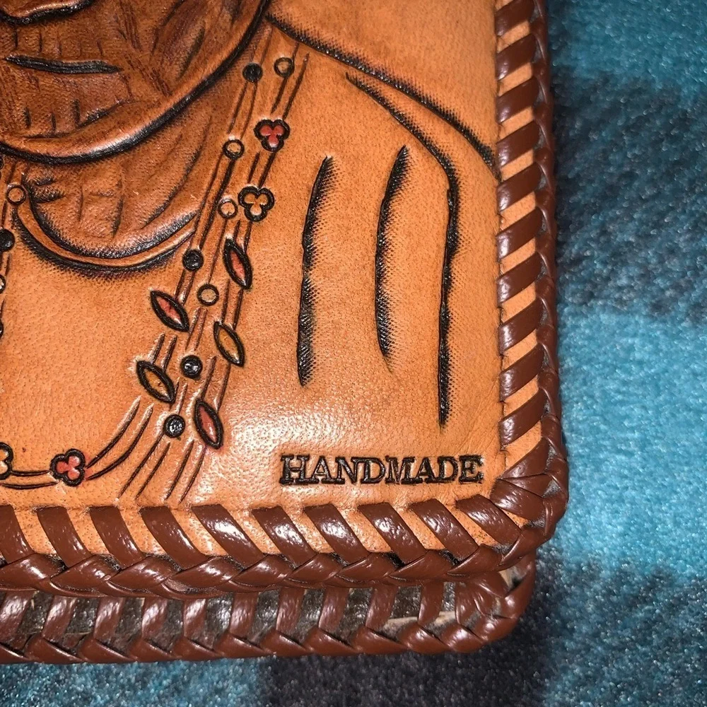 Hand Tooled leather braided Native American wallet with box